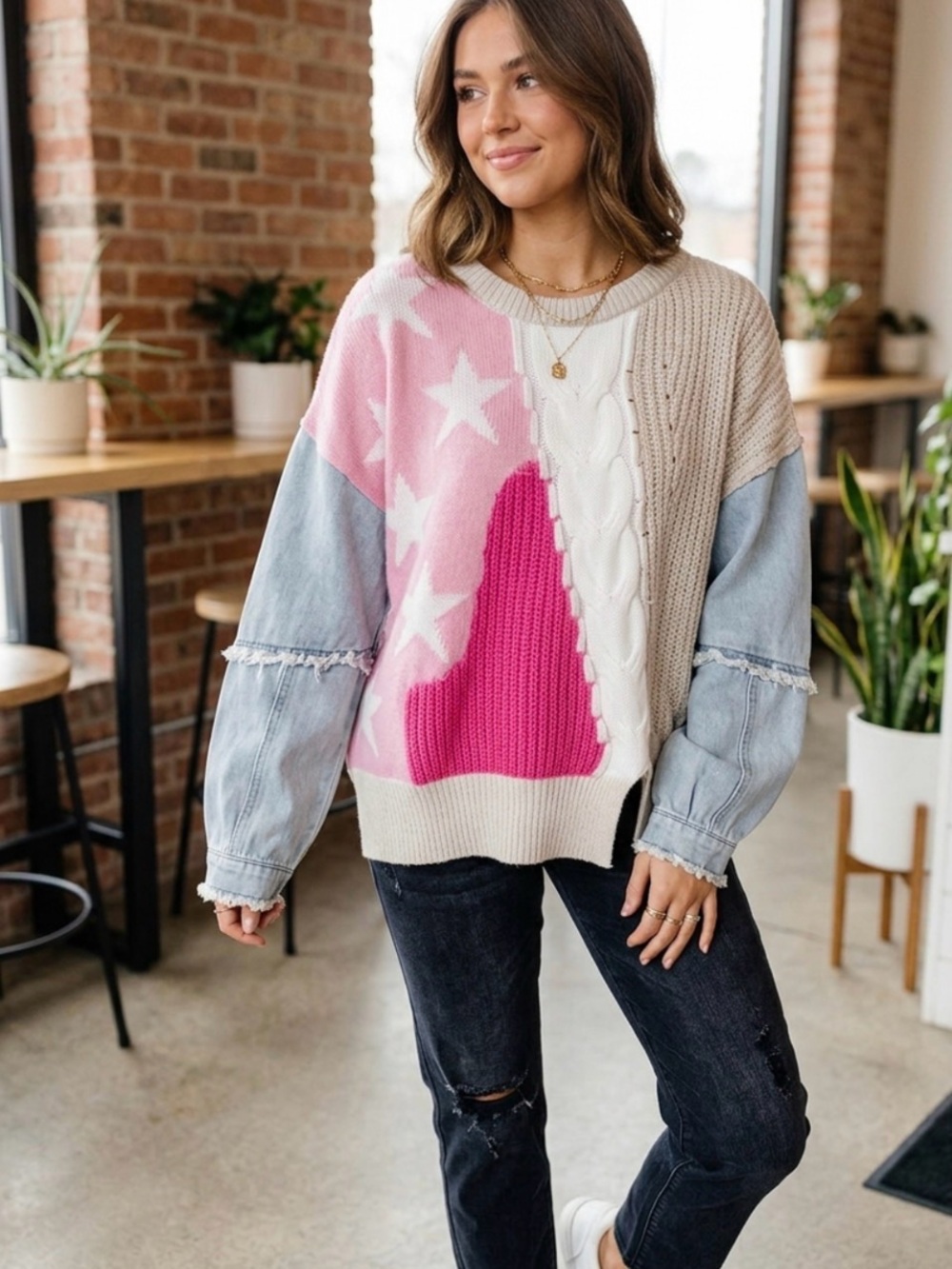 Colorblock Star & Cable Knit Crewneck Sweater - Pink/Ivory PTP 30’ L 27’